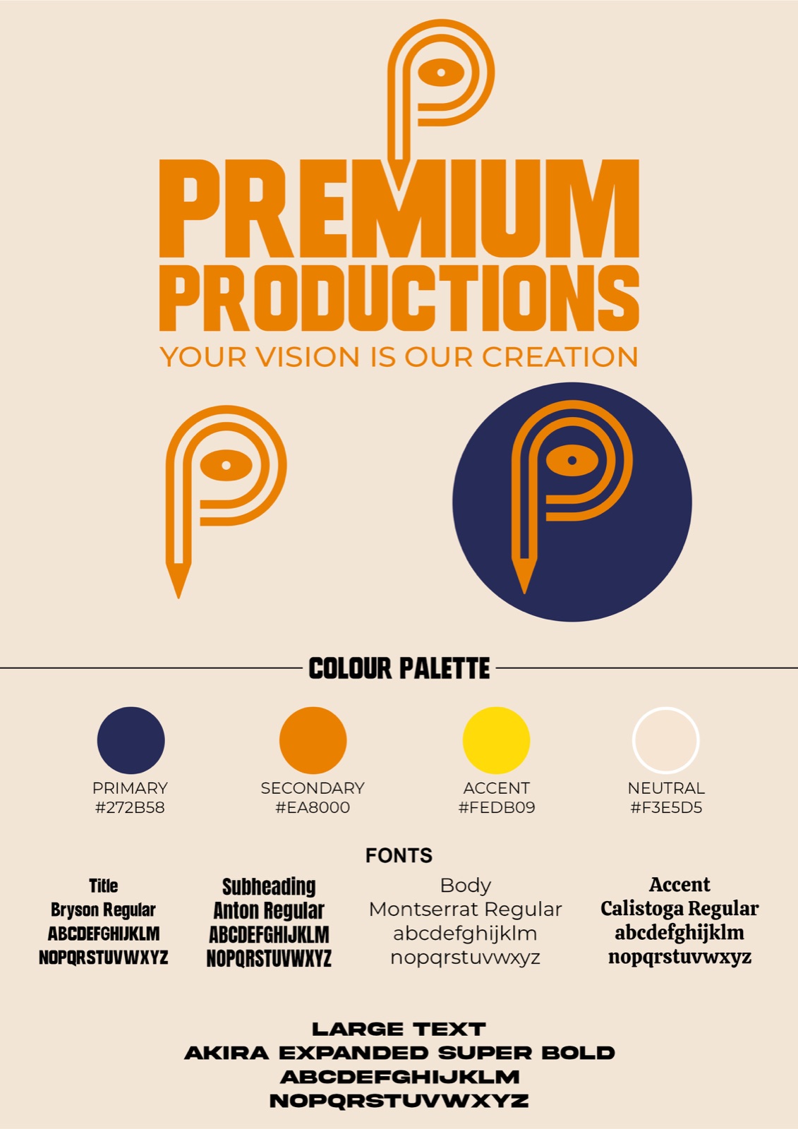 Premium Productions brand kit with logo, colour palette and fonts