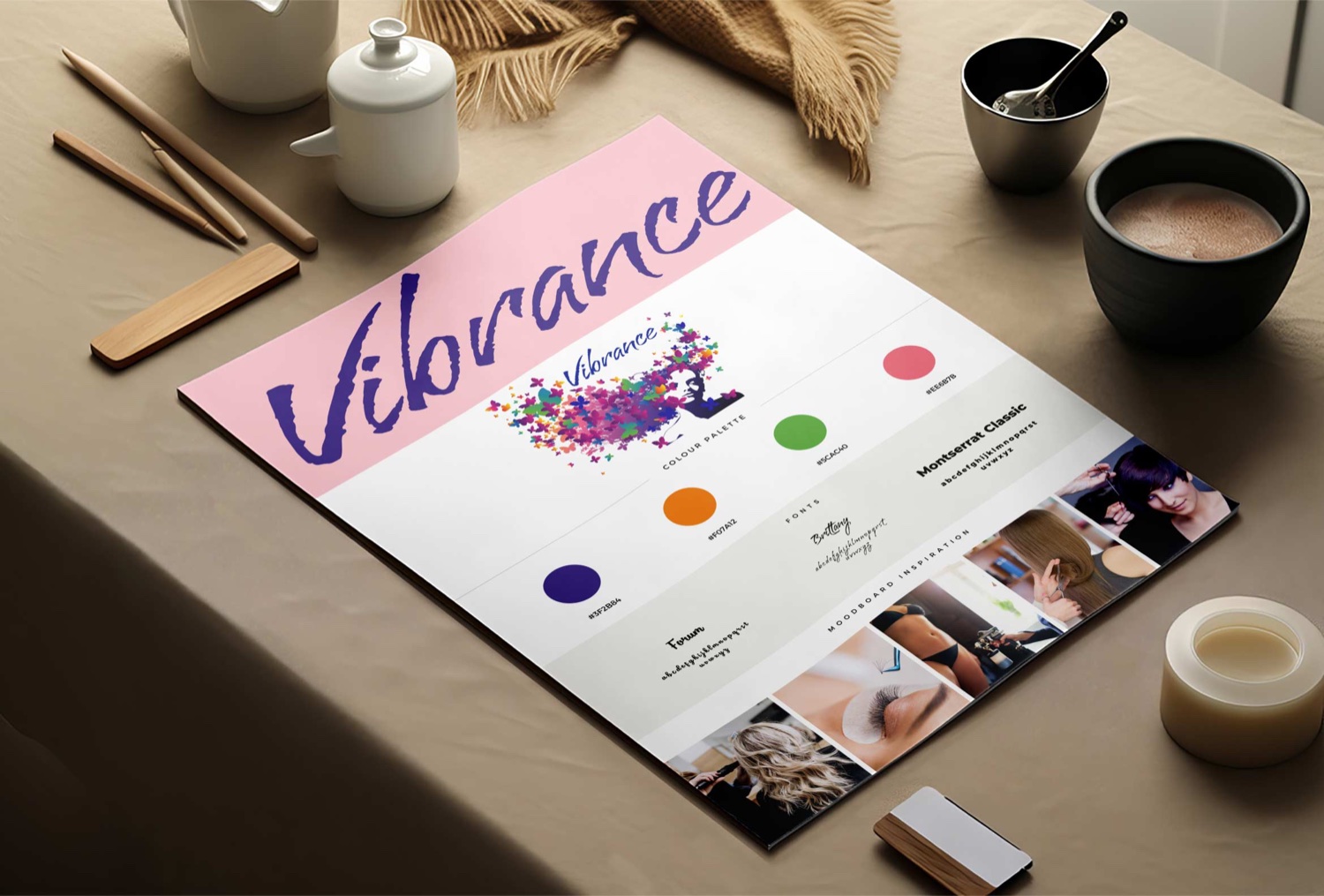 Brand asset kit with colour palette and campaign visuals
